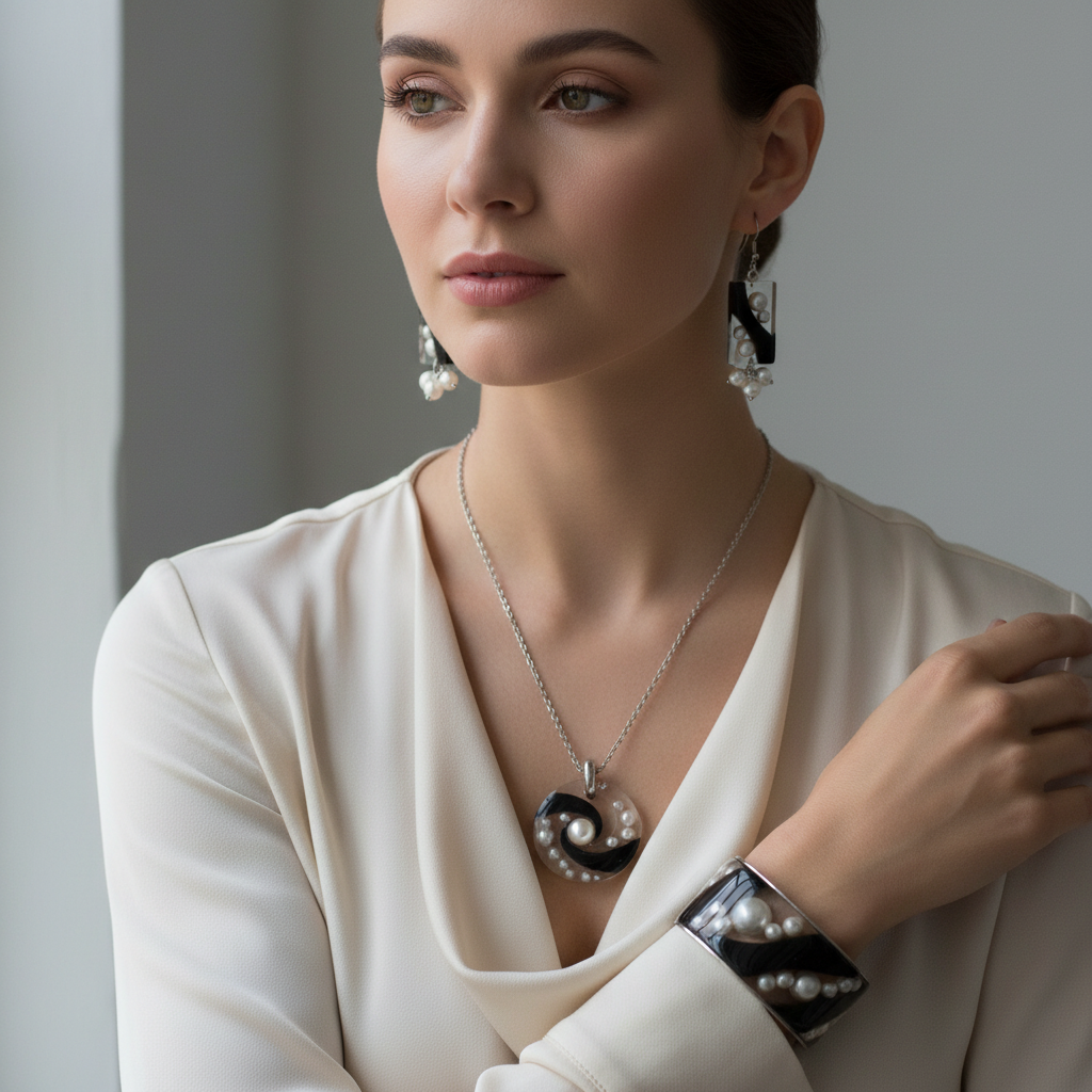 Black & Clear Pearl Jewelry Set - Worn on Model