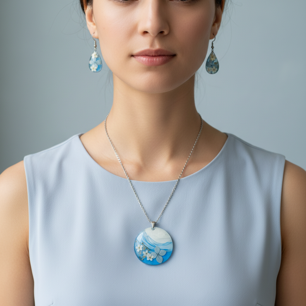 Blue Botanical Pressed Flower Jewelry Set - Worn on Model