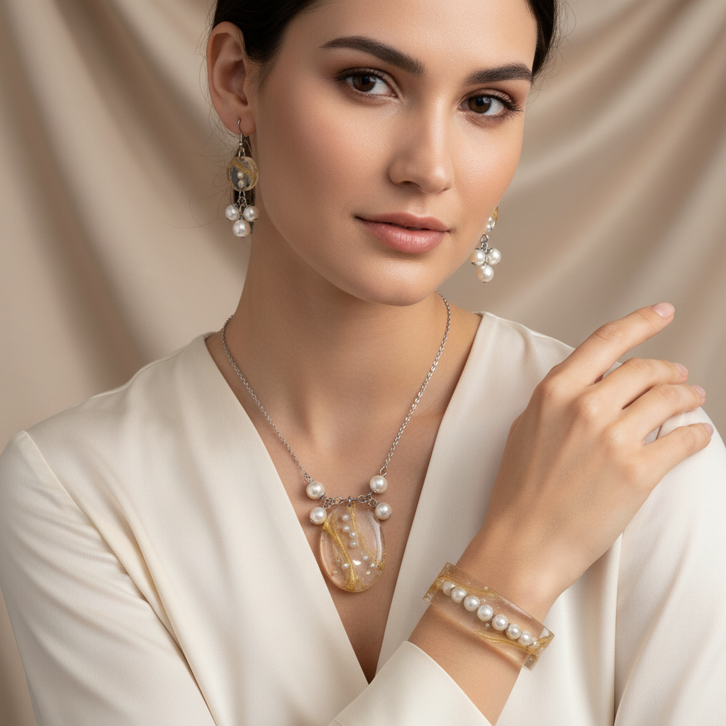 Clear Gold Pearl Resin Jewelry Set - Worn on Model