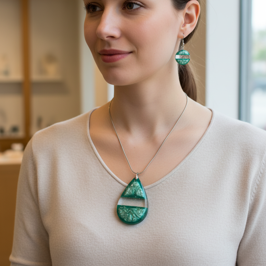 Emerald Green Pearl Swirl Jewelry Set - Worn on Model