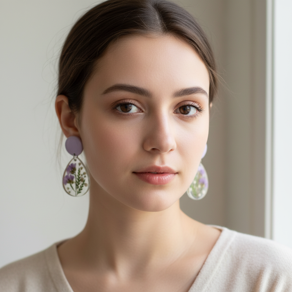 Lavender Botanical Pressed Flower Earrings - Worn on Model