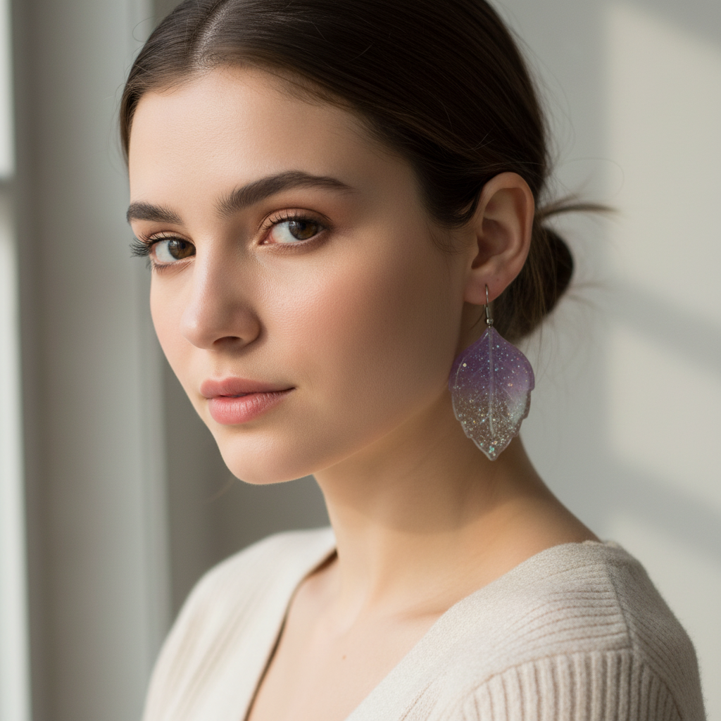 Leaf Lavender & Clear Earrings - Worn on Model