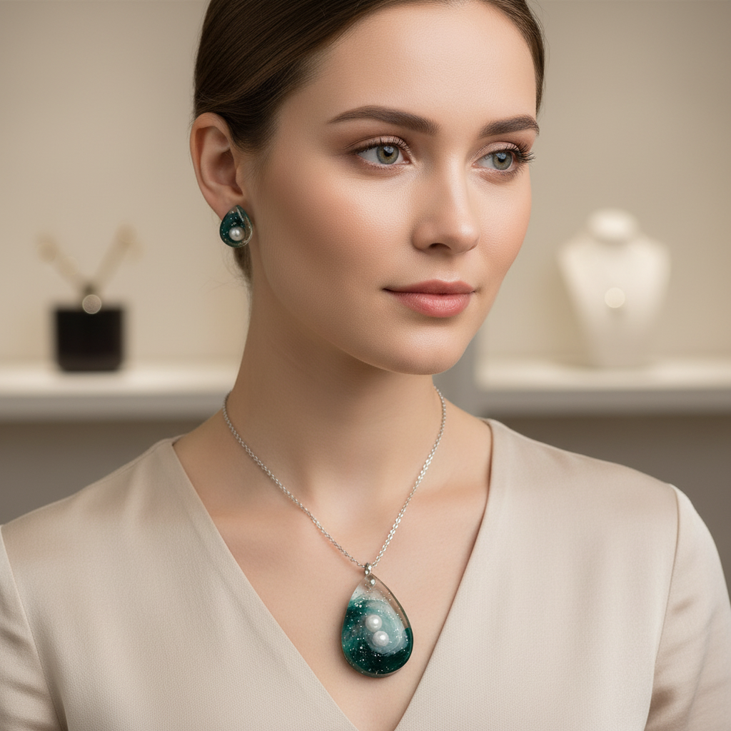 Teal Galaxy Pearl Jewelry Set - Worn on Model