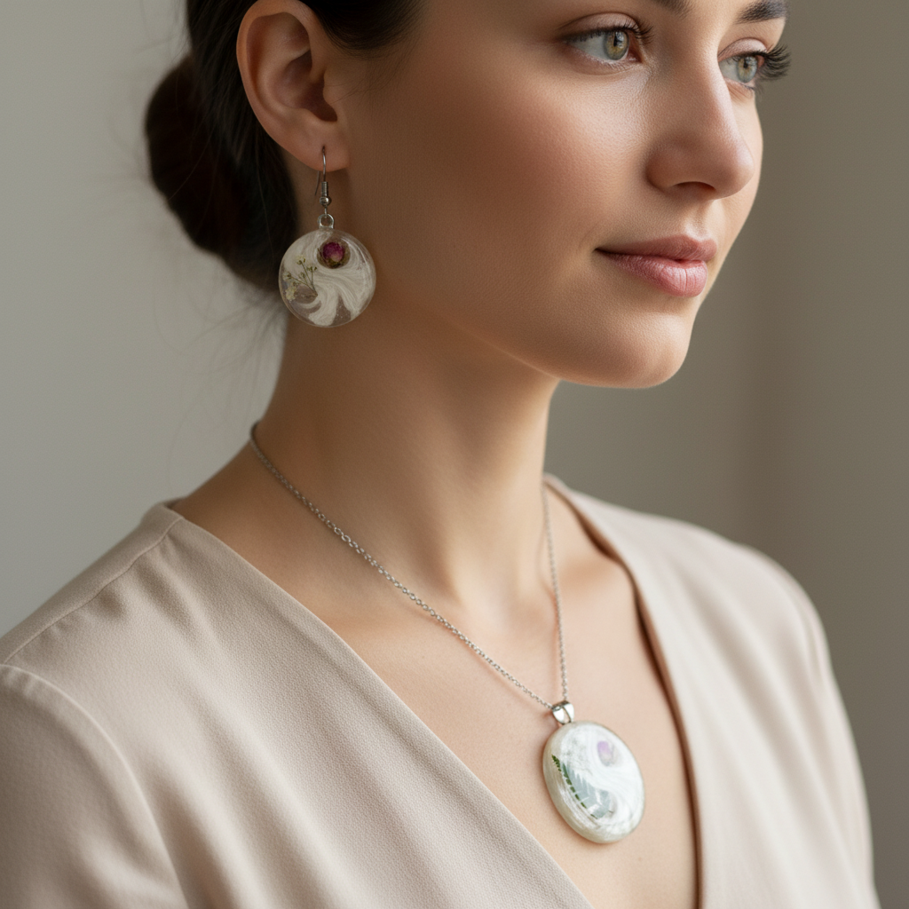 White Botanical Pearl Resin Jewelry Set - Worn on Model